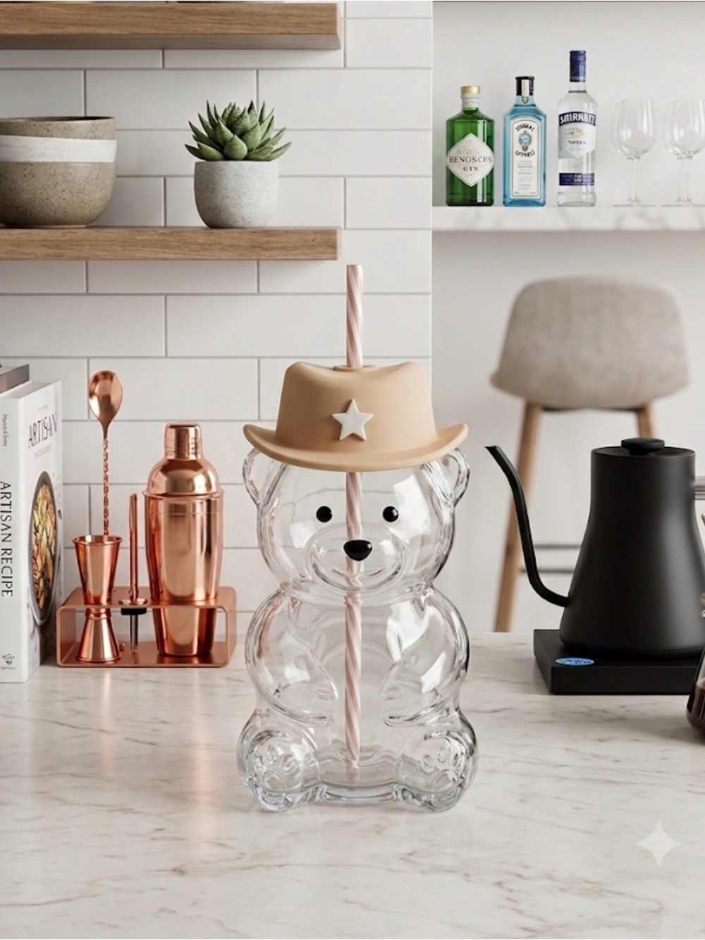 Clear Glass Bear Drink Bottle with Tan Cowboy Hat Straw Lid 19oz